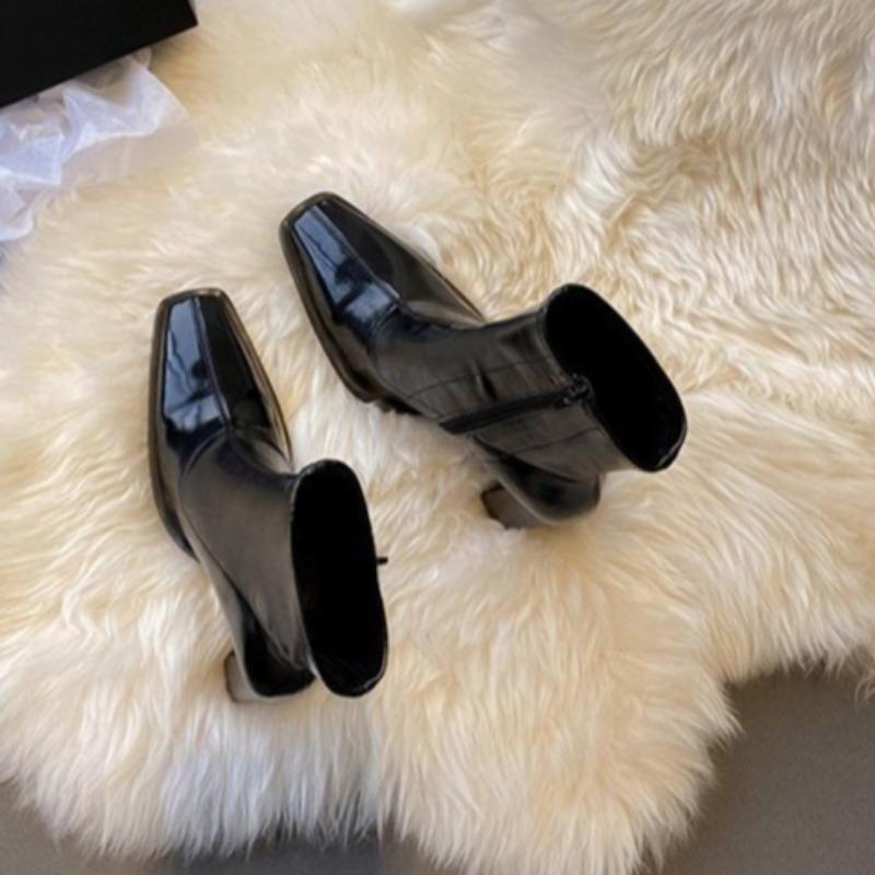 Fashion Side Zip Block Heel Single Boots Women's Fashion Square Toe Side Zip Anti-Slip Wear-Resistant Mid-Tube