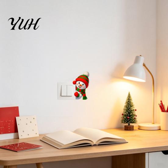 Decorative Socket Stickers Christmas Snowman Switch Sticker, Removable PVC Decal, Peeking Ornaments Cartoon Wall Art for Holiday Bedroom Atmosphere