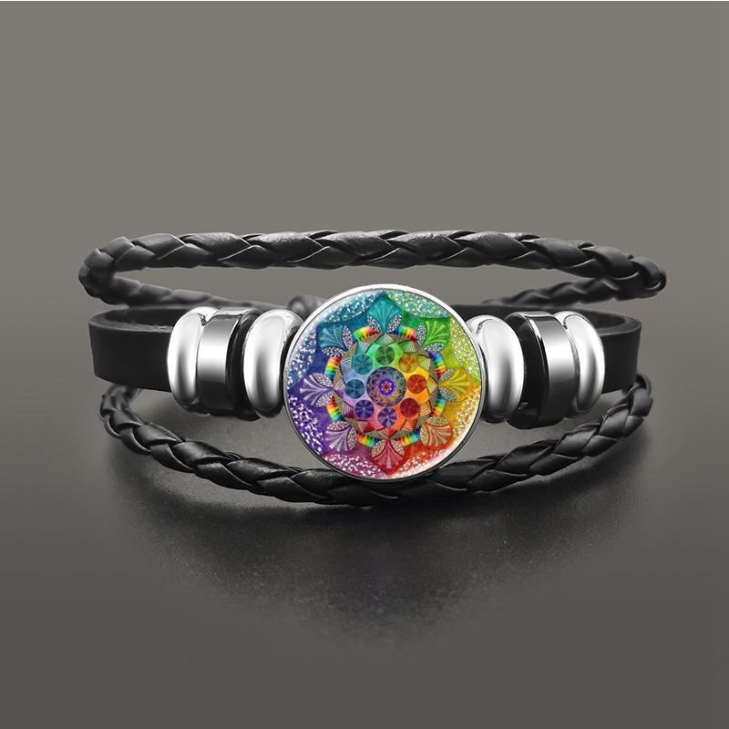 Vintage Om Yoga Chakra Mandala Snap Button Bracelets Classic Flower of Life Tree Adjutable Leather Bracelet Wristband Jewelry