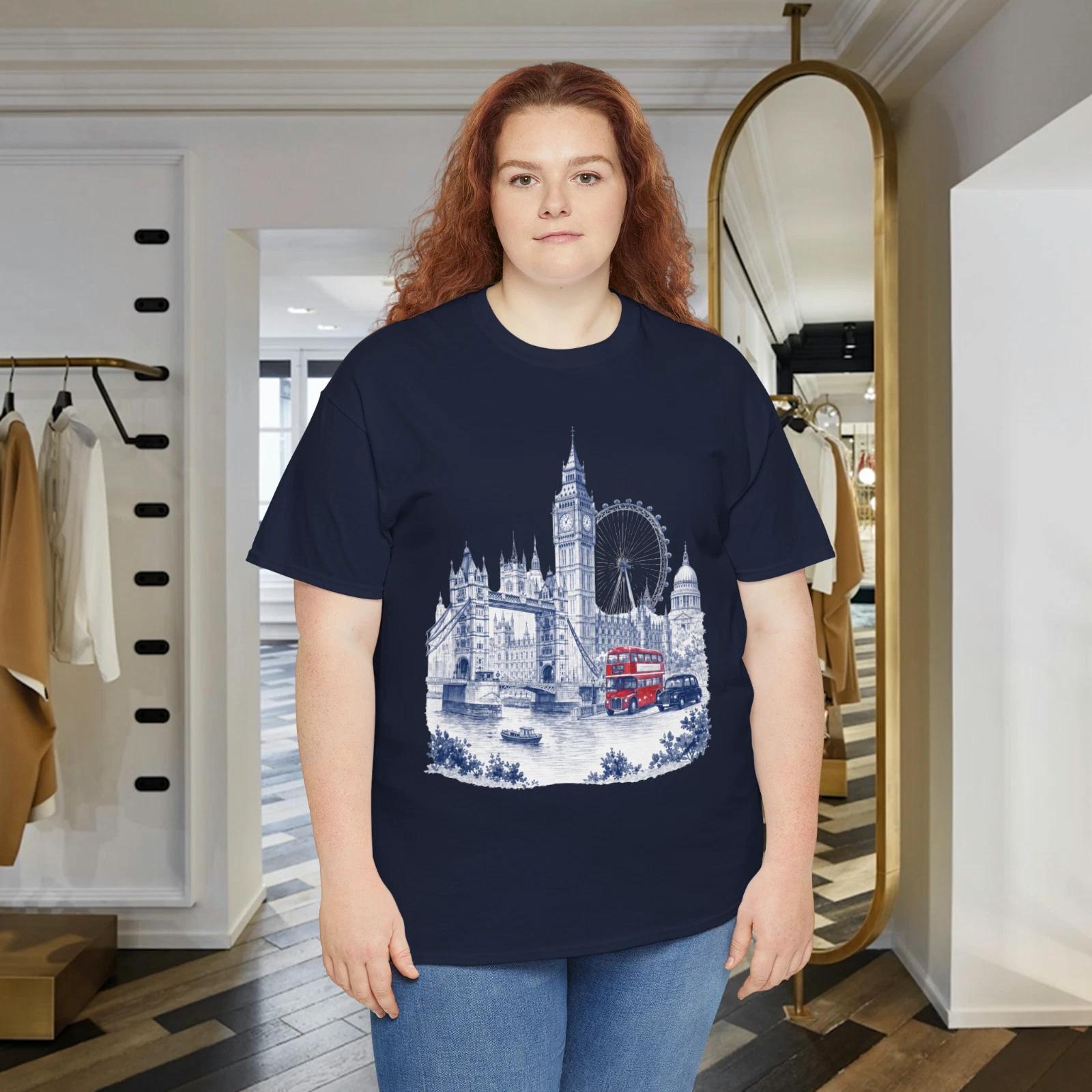 London England Big Ben Tower Bridge Red Bus Travel Graphic T-Shirt 2XL