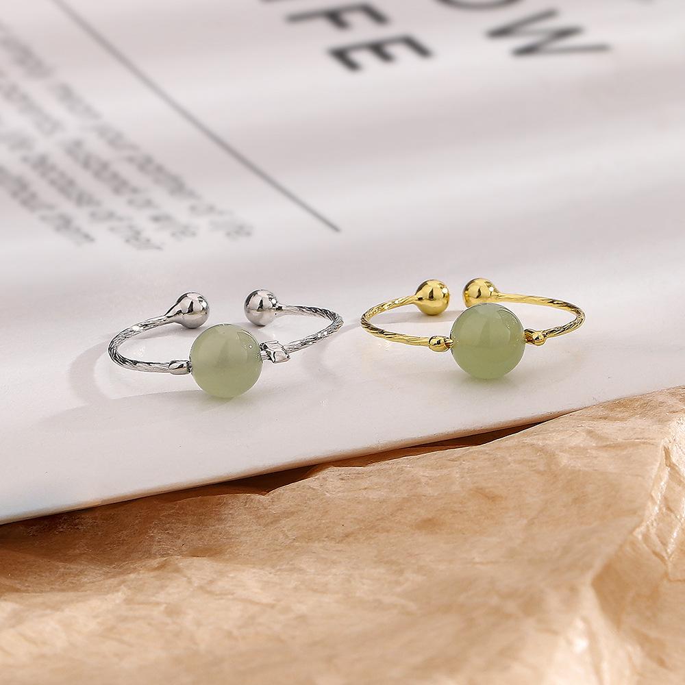 Hetian Jade Ring Temperament Guochao Passepartout Ring Simple, Fresh And Elegant Small Family Jasper Round Bead Open Ring