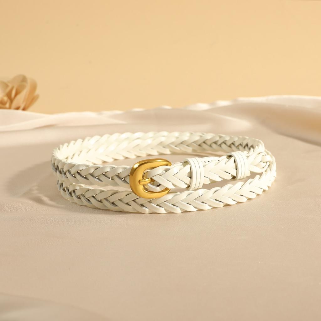 Fashion Ladies Braided Leather Belt Skinny Woven Waist Belt Gold Pin Buckle Casual Decorative Waistband For Dresses Pants