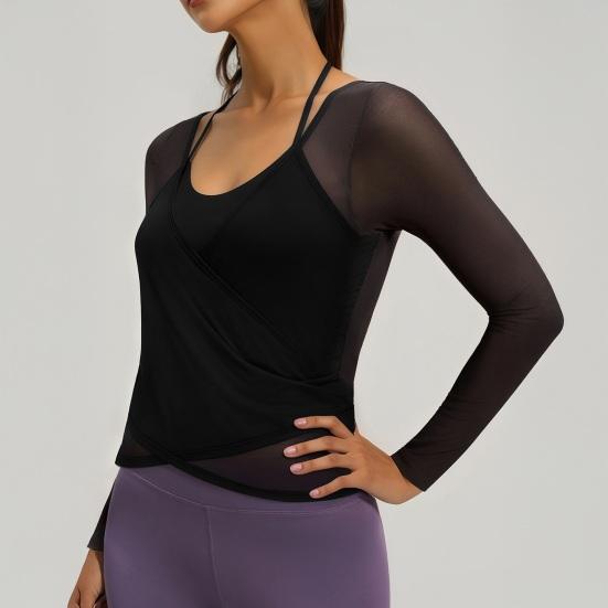Long Sleeve Yoga Two-Piece Set for Women Mesh Gym Athletic Tops Workout Shirts with Support Sports Bra