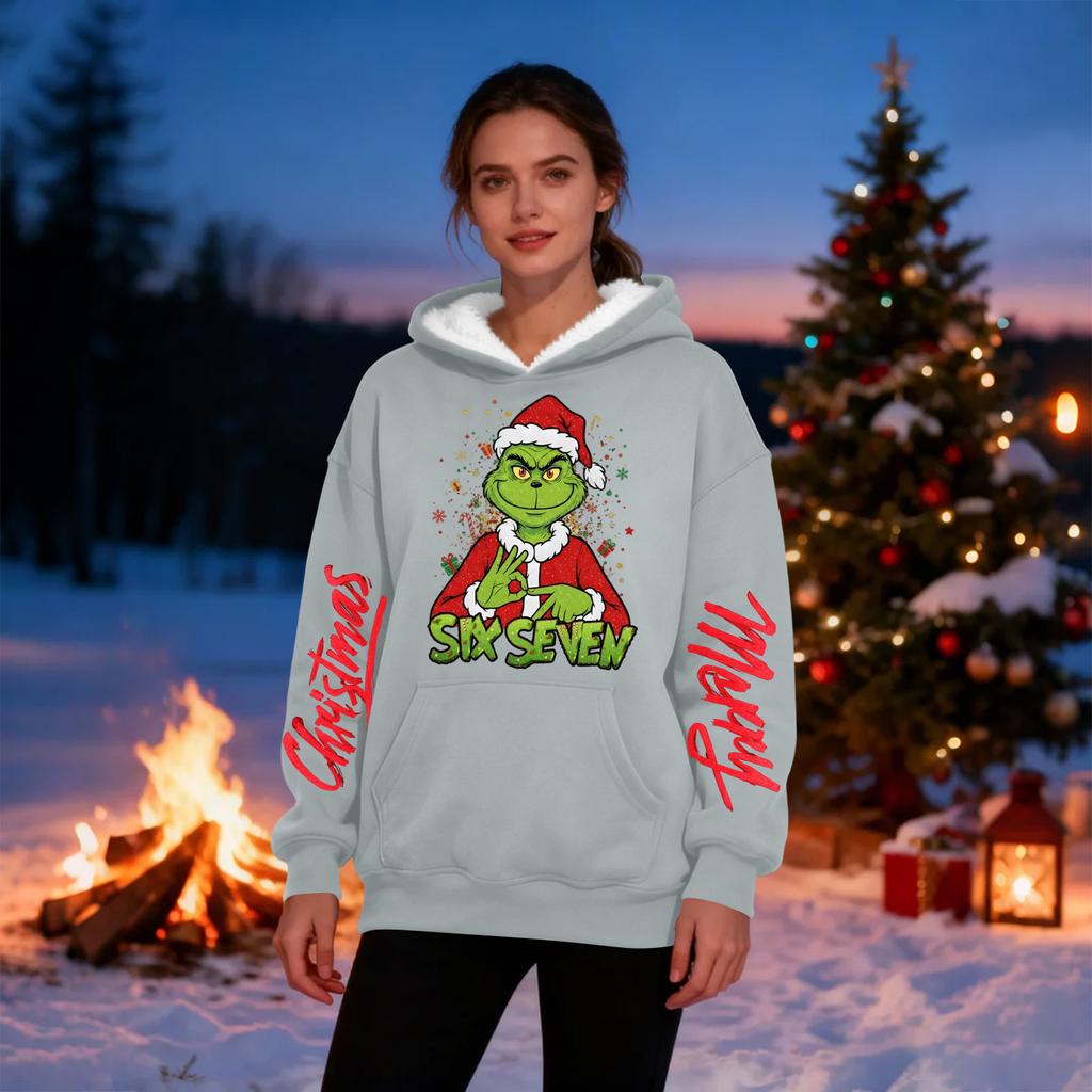 Women's Casual Fashion Plus Velvet Thickened Christmas Print Hooded Sweatshirt