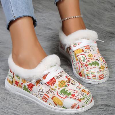 Mode 2024neu Damen Weihnachten Stil Druck Canvas Schuhe Winter Warm Fleecegefüttert Slipper Gemütlich Slip on Plüsch Weihnachten Warme Canvas Schuhe