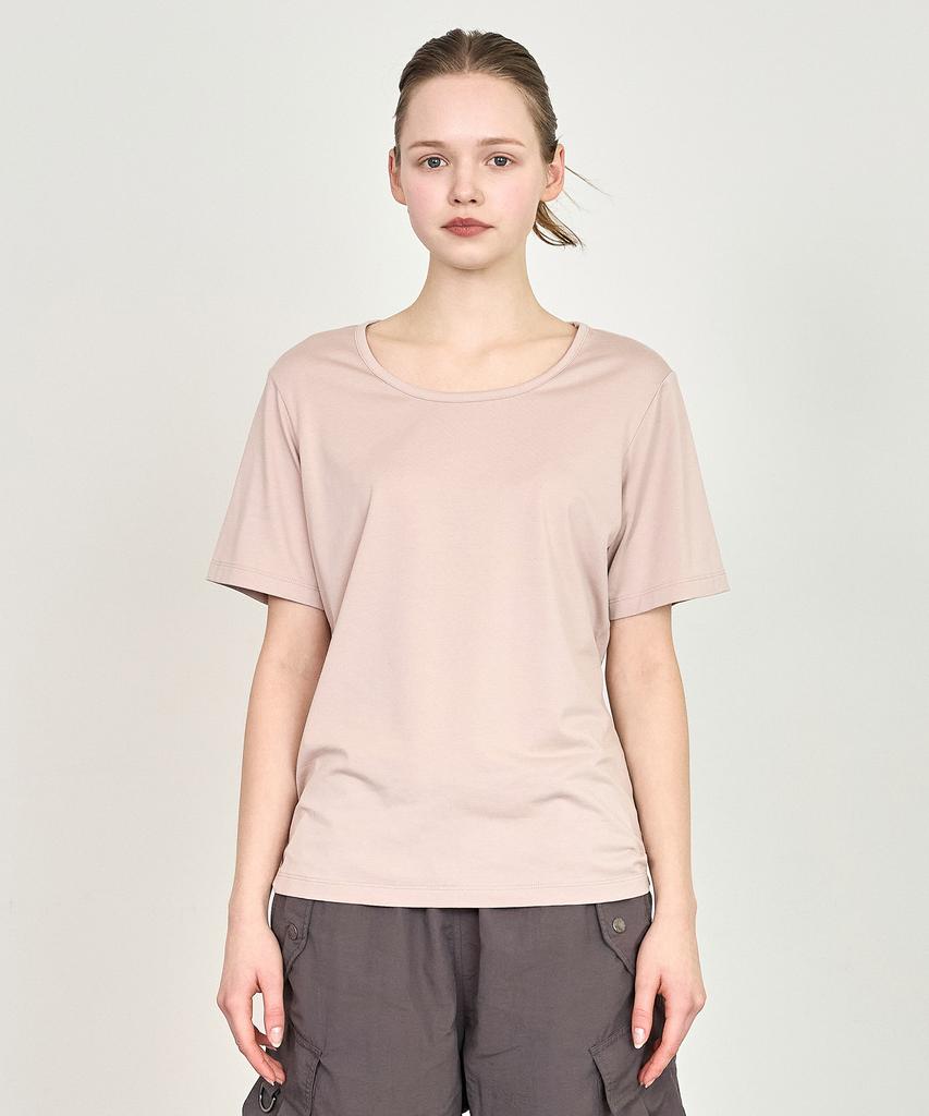BASIC HOUSE Women'S U-Neck Oversized Stretch Short Sleeve T-Shirt Dark Beige Lats0210