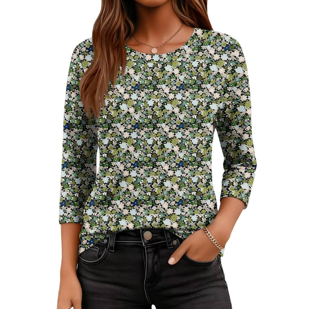 3/4 Sleeve Shirts For Women Cute Print Graphic Tees Blouses Casual Plus Size Basic Tops Pullover