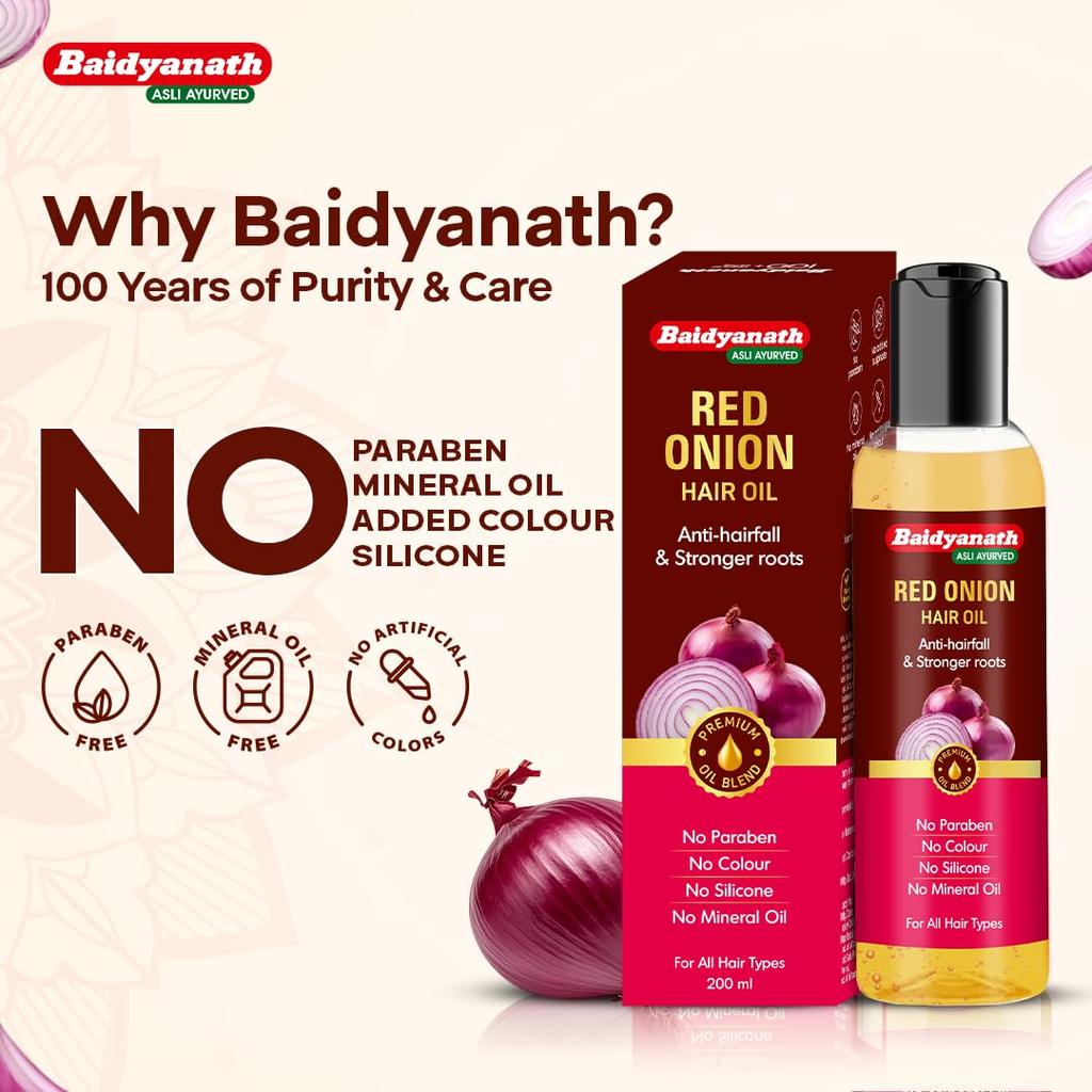 Baidyanath Red Onion Hair Oil 200ml | Natural Hair Nourishment For Stronger, Shinier, Smoother Hair | Reduces Hair Fall & Promotes Growth