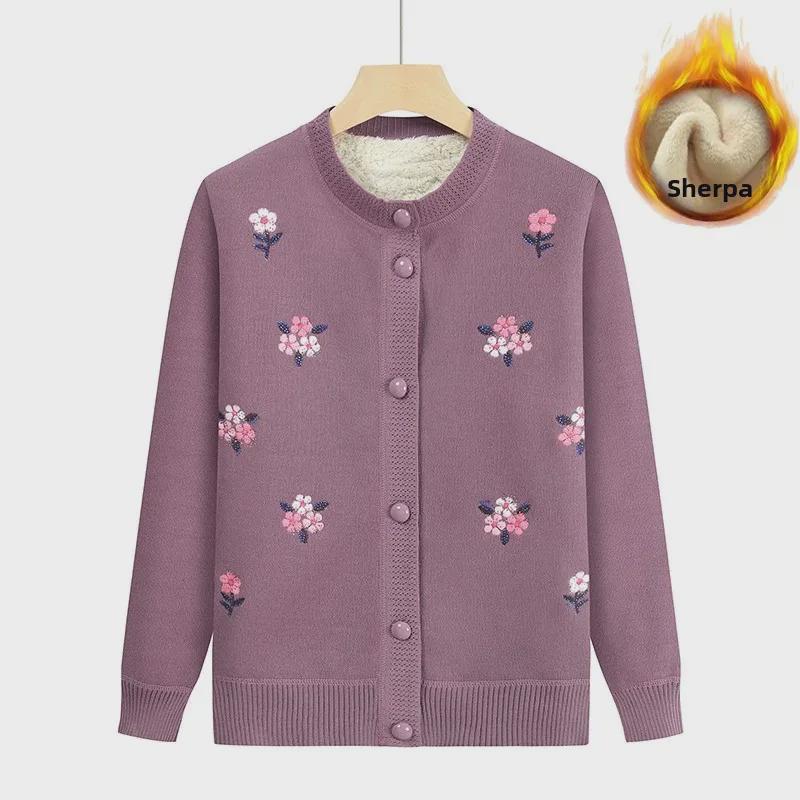 Middelaldrende og eldre kvinners strikkede cardigan med plussfløyel - Høst/vinter genser med rund hals