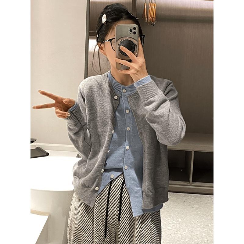 Layer Contrasting Color Splicing Fake Two-piece Top Cardigan Women's Autumn and Winter Soft Waxy Lazy Knitted Sweater Jacket