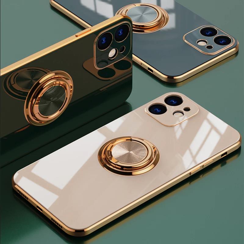 Soft Square Phone Case For iPhone 11 12 13 14 15 Pro Max XS X XR 7 8 Plus SE  Mini Stand Ring Silicone Shockproof Cover