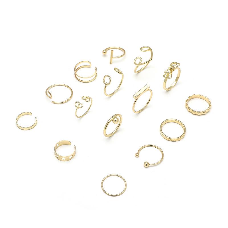 16-Piece Trendy Metal Bow Heart Ring Set