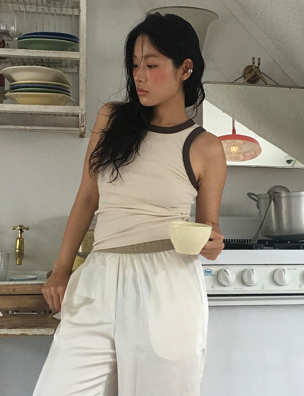 320 Showroom Ribbed Color-Blocked Sleeveless T Cream Beige One Size