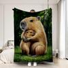1pc Single/Double Person Blanket with a Heartwarming Capybara Holding a In a Grassy Forest Scene Pattern Soft Throw Blanket Flan