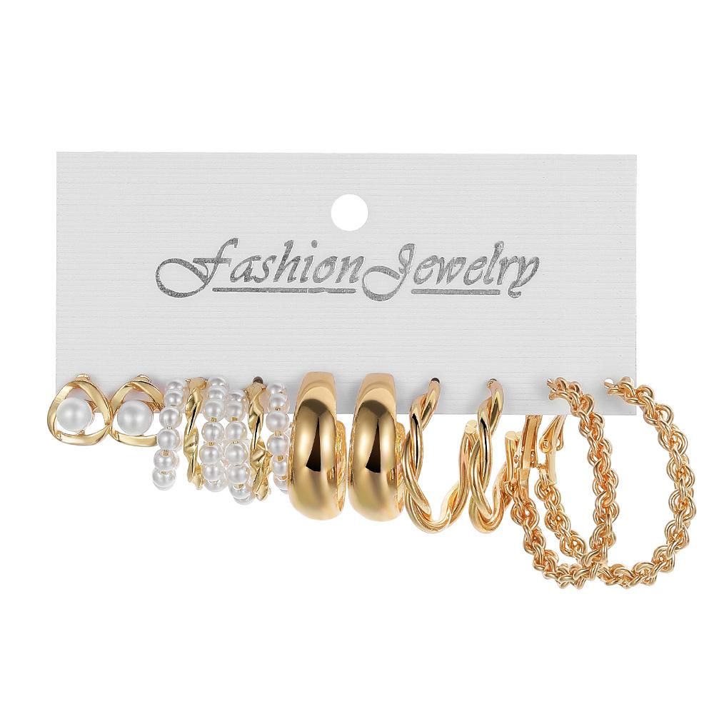 Alloy Ear Ring Square Geometric Shape Earrings Set - 6-piece Vintage Pearl Packaged Earrings Jewelry Set