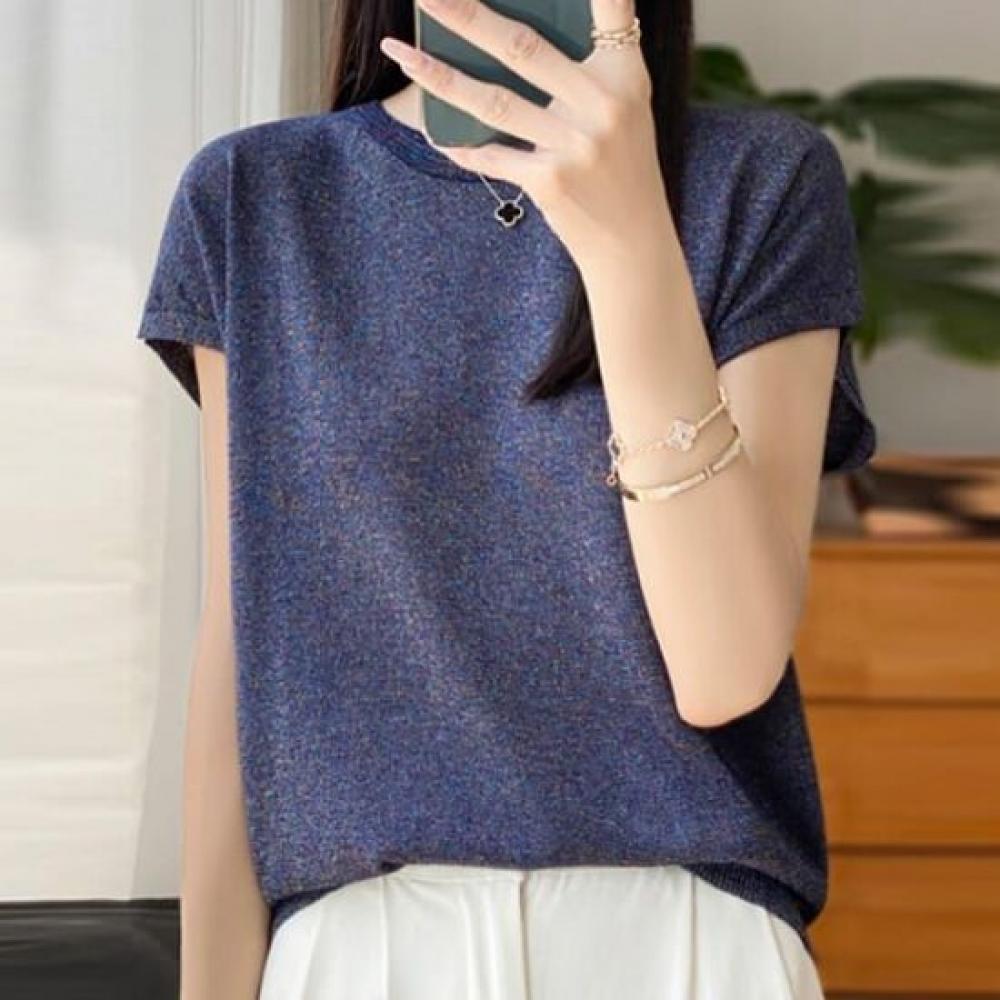 Navava Women Simple Daily Pearl Round Neck Short Sleeve Knit Nk2917