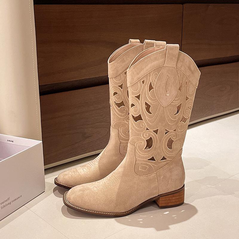 Soft Leather Hollow Western Cowboy Boots Women's Summer New Short Boots Brown Long Knight Boots High Martin Boots