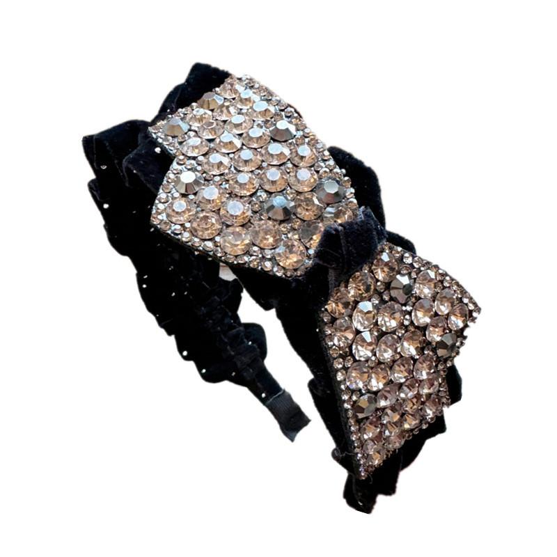 Women's Gold Velvet Pleated Sweet Style Headband Hot-Studded Large Bow Fully Rhinestone-Embellished Design High-Crown