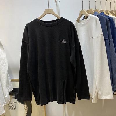 Early Spring Age-reducing Embroidered T-shirt for Women with Velvet Hem Slit Autumn and Winter Long-sleeved Loose Bottoming Shirt Top