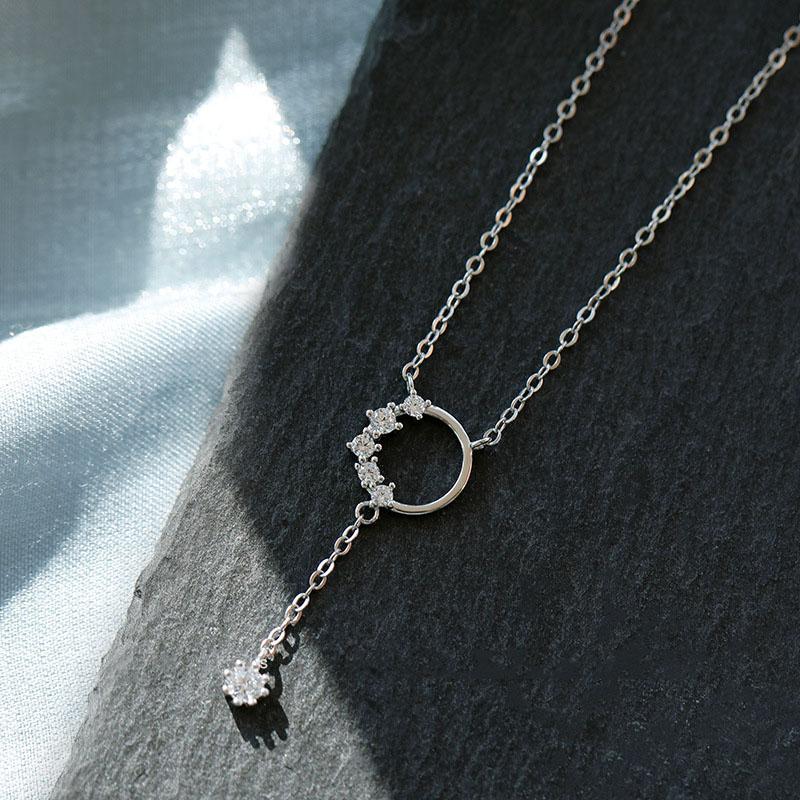 ANENJERY Shiny Zircon Round Circle Long Chain Tassel Necklace for Women Party Wedding Necklace Jewelry Gifts S-N713