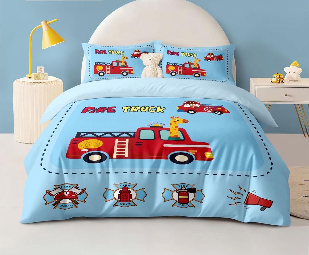Fire Truck Duvet Cover for Kids Boys Girls Teens Room Decor Firefighter Comforter Cover Firemen Car Bedding Set 2Pcs with Zipper