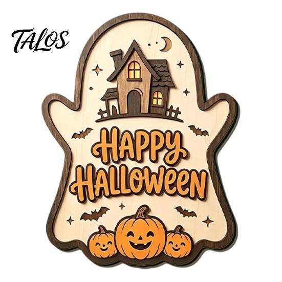 Spooky Party Decorations Black Cat Ghost Door Sign, Halloween Decorative Plaque, Wooden Hanging Plaque Vintage Rustic Decor with Jute Rope,