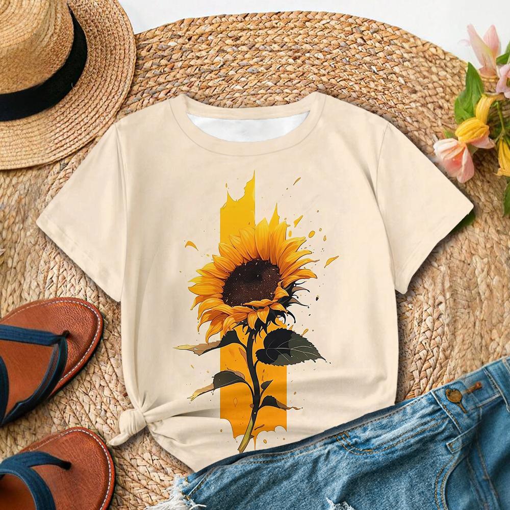 Summer Round Neck 3D Sunshine Print Top Vitality Wind Fashionable Casual Short Sleeved Women's T-shirts