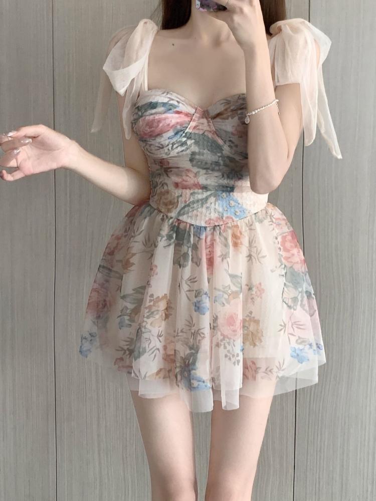 2025 Korea Šik Nové Plavky Ženy Květinový Potisk Letní Plážové Šaty Sexy Dívka Jednodílné Konzervativní Pohádkové Plavky