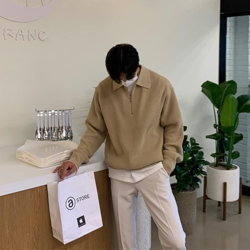 Men's Turn-Down Collar Knitted Sweater - Winter Loose Fit, Light Mature Style Polo Sweater