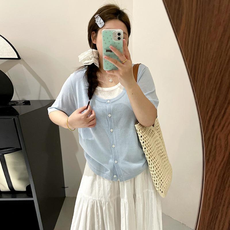 Plus Size Women's Summer Design Sense Fake Two Drawstring Knit Short Sleeved Tops