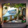 Mediterranean Sea View Tapestry, Floral Pergola And Rustic Balcony Scene,  For Vacation Themed Decor And Event Backdrop