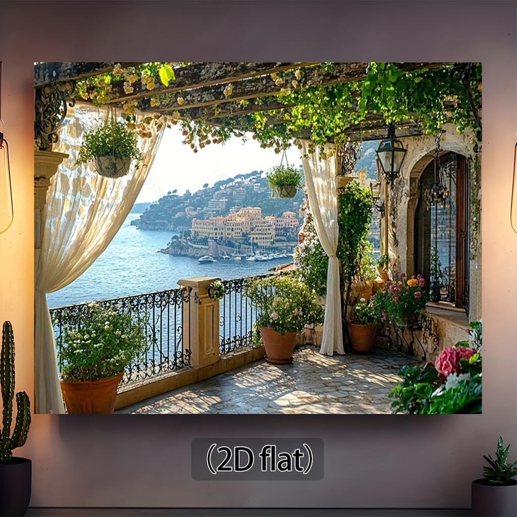 Mediterranean Sea View Tapestry, Floral Pergola And Rustic Balcony Scene, For Vacation Themed Decor And Event Backdrop
