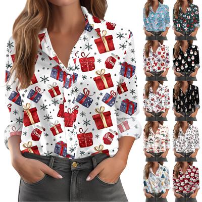 Women's Shirt Blouse Christmas Print Button Long Sleeve Casual Basic Shirt Collar Regular Top