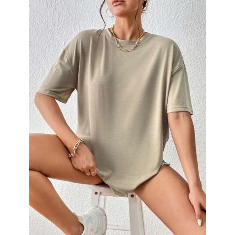 Tricou casual de damă de primăvară și vară, cu gât rotund, culoare uni, mânecă scurtă