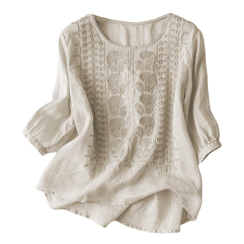 Summer Elegant Embroidery Loose Women Blouse Large Size Casual T-shirt Loose Simple Office Solid Color Fashion Elegant O Neck Sweet Shirts Clothing