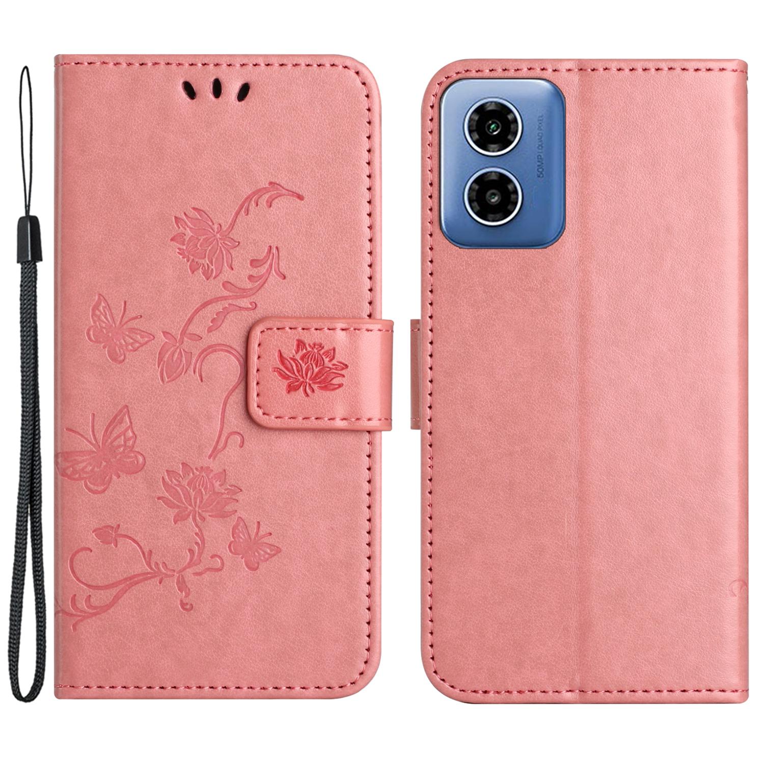 

For Motorola Moto E14 4G/G04 4G/G04s 4G/G24 4G Wallet Case PU Leather Stand Butterfly Flower Phone Cover Pink