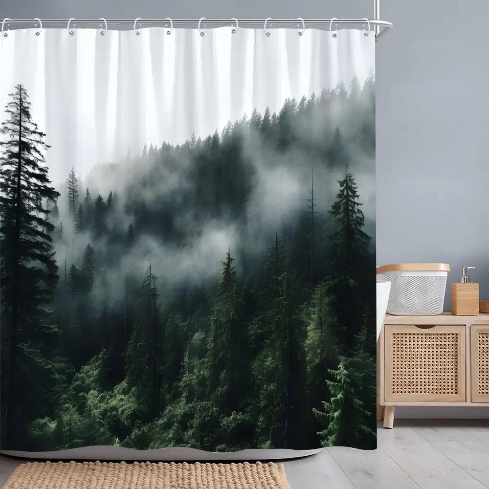 Misty Forest Shower Curtain Woods Birds Watercolour Art Creative Polyester Fabric Shower Curtains Bathroom Decoration With Hooks