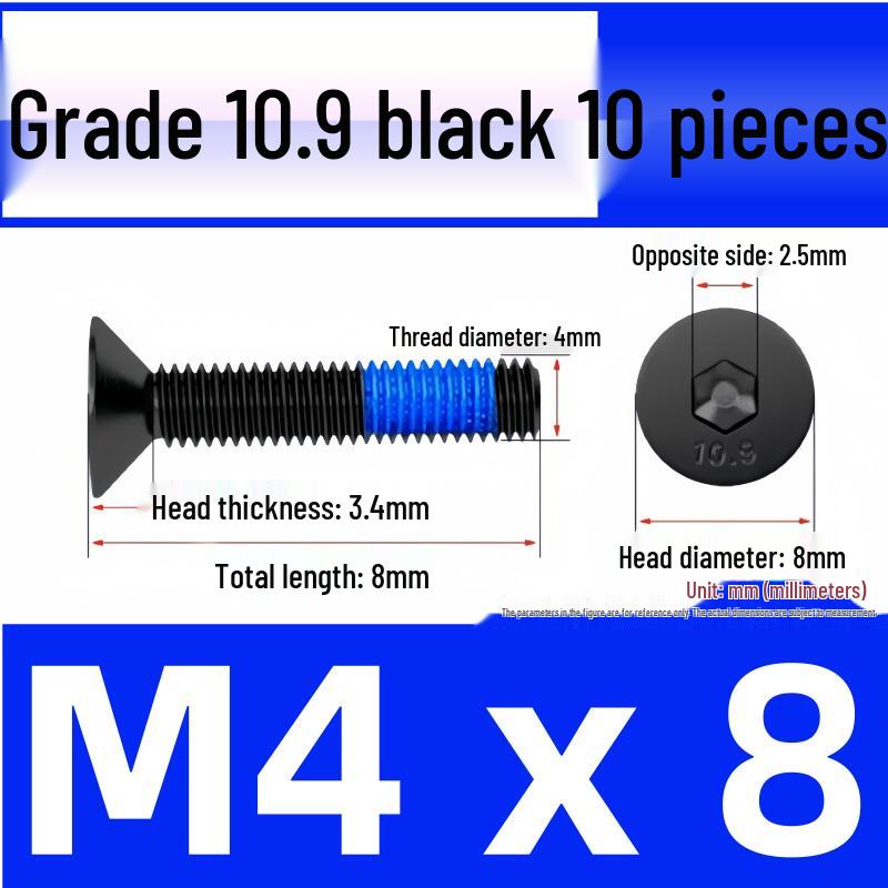 Black Anti-Slip Flat Cup Screw with Adhesive Blue Glue, Countersunk Hexagon Socket, Available in M2-M8 Sizes