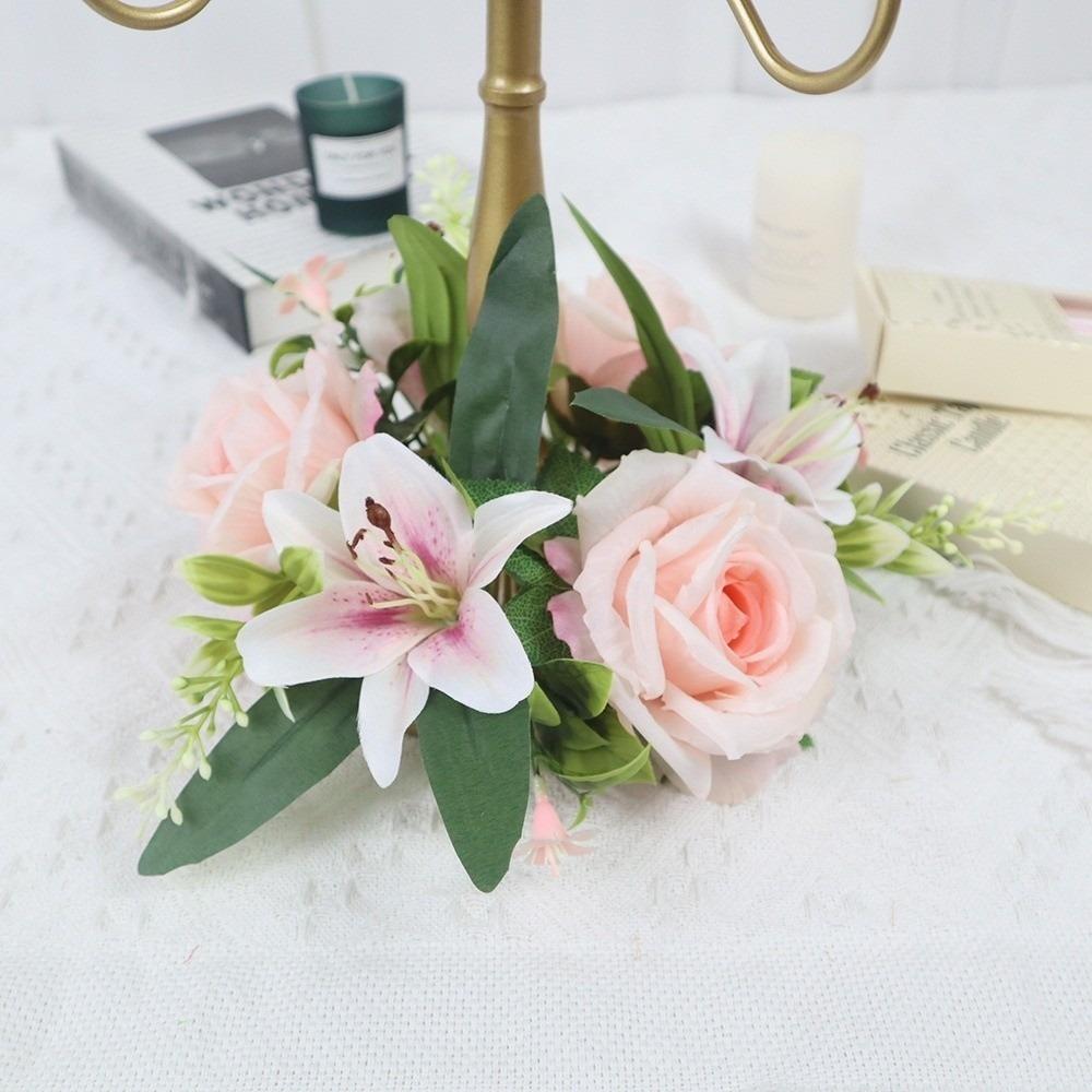 Umělé květiny Prsten na svíčku Simulovaný mini růžový věnec Věnec na svícen Vánoční ozdoba