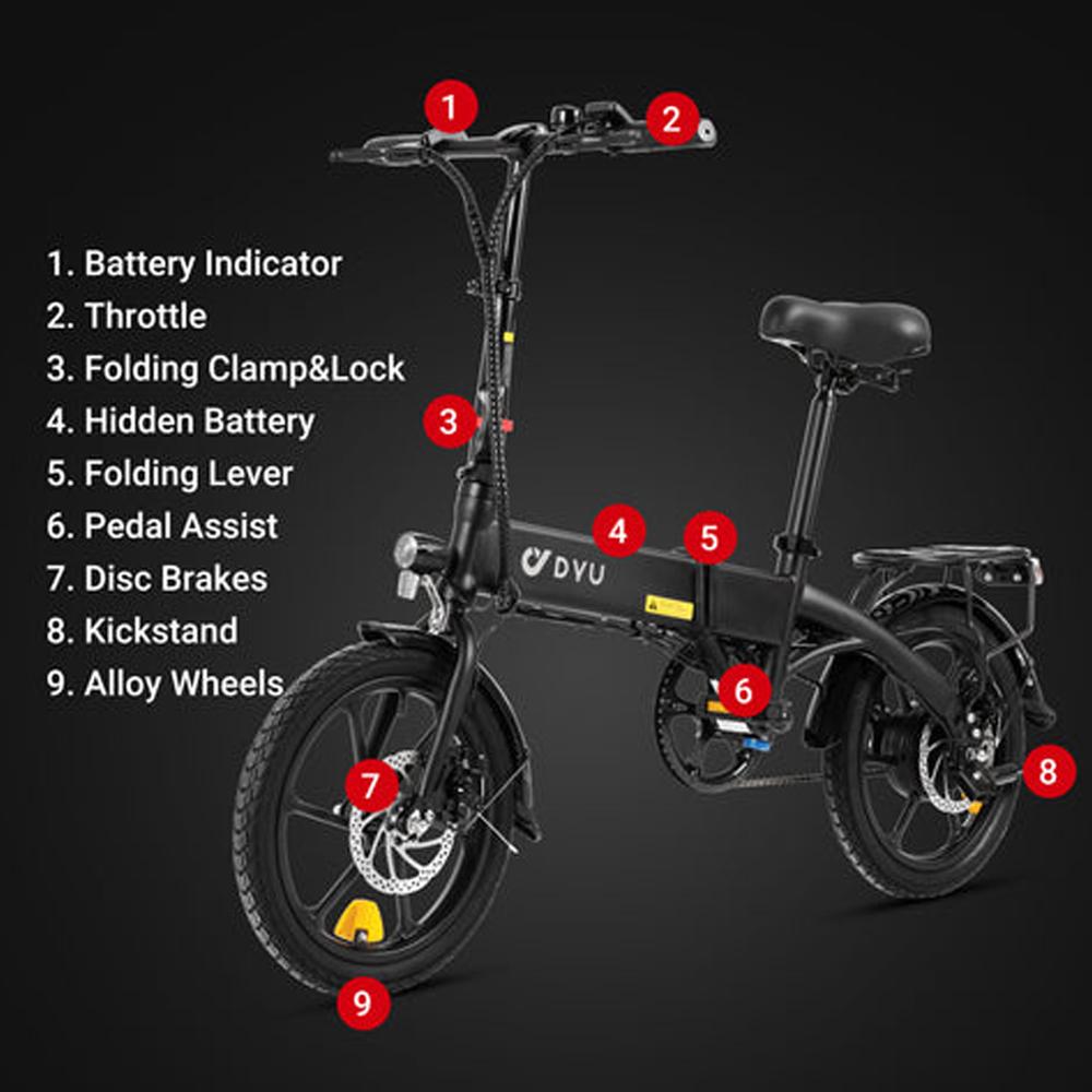 Electric Bike DYU A1F Pro 16" 250W Motor 7.5AH Max Range 60Km Load 120Kg Black