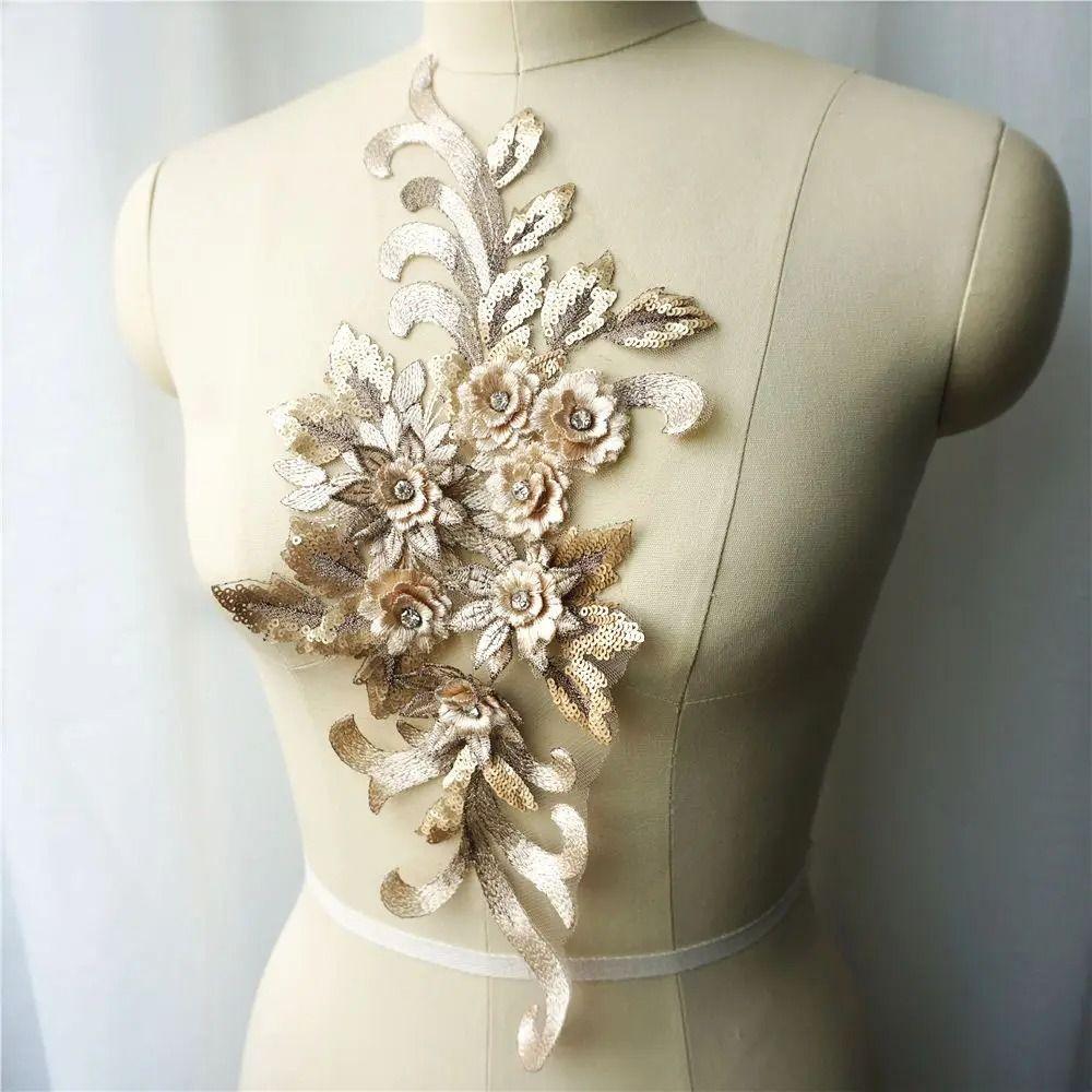 3D Flowers Wedding Gown Appliques Rhinestone Lace Appliques Appliques Embroidery Sew Patch