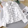 Frauen Sommer Chiffon Hemd Revers Laterne Langarm Shirt Tops 3D Blumen Druck Semi-Sheer Mesh Spleißen Einreiher bluse