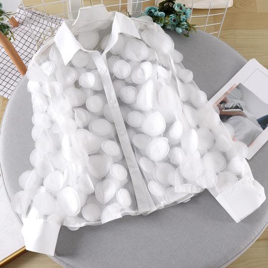 Frauen Sommer Chiffon Hemd Revers Laterne Langarm Shirt Tops 3D Blumen Druck Semi-Sheer Mesh Spleißen Einreiher bluse