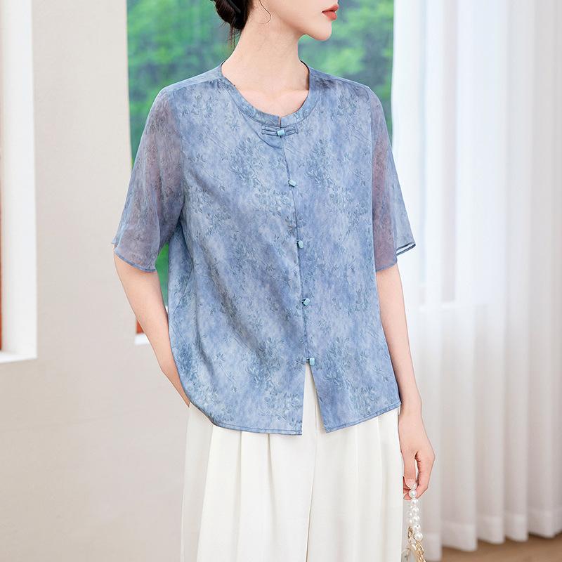 

Женская летняя шелковая рубашка с шелковым принтом, темпераментная рубашка со средним рукавом из шелка-тутового шелкопряда, топ с коротким рукавом 4XL