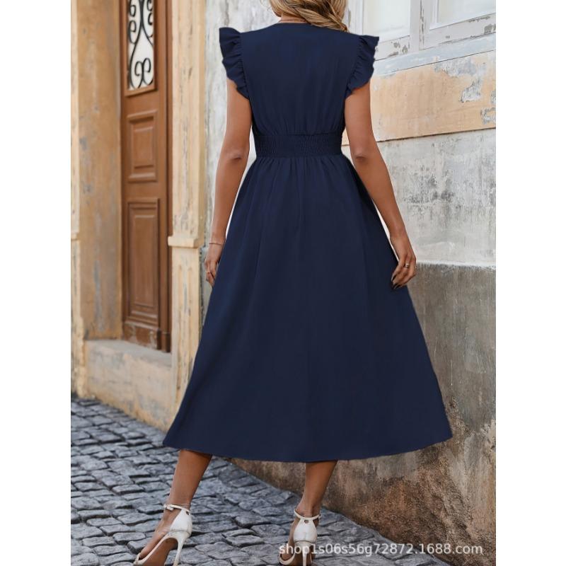 Elegant Ruffled Sleeve Waist Cinched A-line Dress Solid Color Summer Sleeveless Party Dress Fashion Summer Sweet Solid Color Casual Sweet Clothing