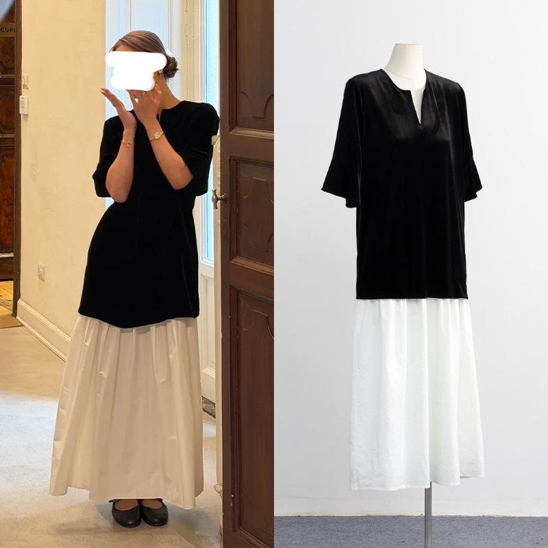 

[New Arrivals] Zhu Zhu Nana Style Velvet Patchwork Color-Block Dress for Women, High-Design Niche Long Skirt L (58-63 kg)