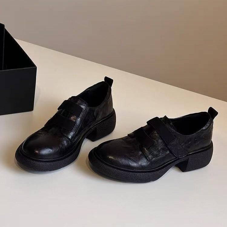 Sheepskin version~ British style platform Velcro loafers women's one-pedal leather comfortable thick heel silent small leather shoes