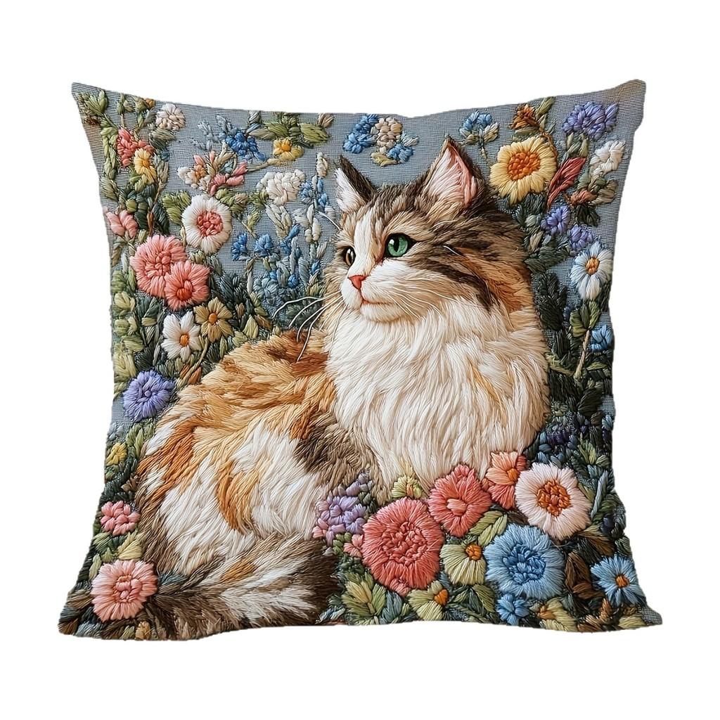 Animal Series Plush Cat Flower Pattern Pillow Cover For Living Room Decor