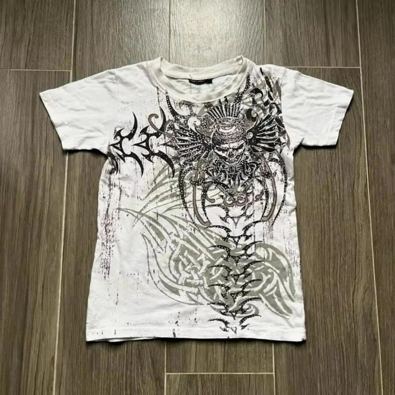 European and American men's summer Gothic letter bone wing skull print soft and breathable round neck T-shirt outdoor street top