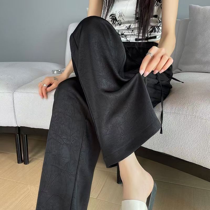 Women's Spring Summer Ice Silk Satin Jacquard Pants Thin Straight Wide Leg Chinese Style Casual Trousers